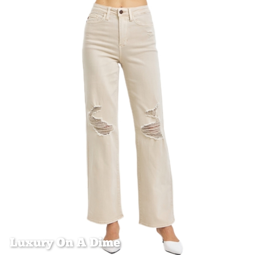 Judy Blue High Rise Mom Jeans Distressed Torn Knee Wide Leg Cream Denim Pants